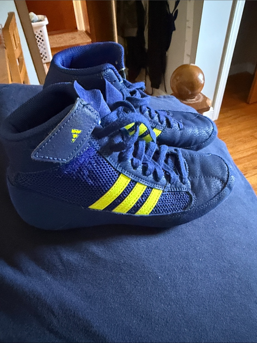 adidas Kids High-Top Sneakers in Blue with Yellow Stripes. Wrestling shoes